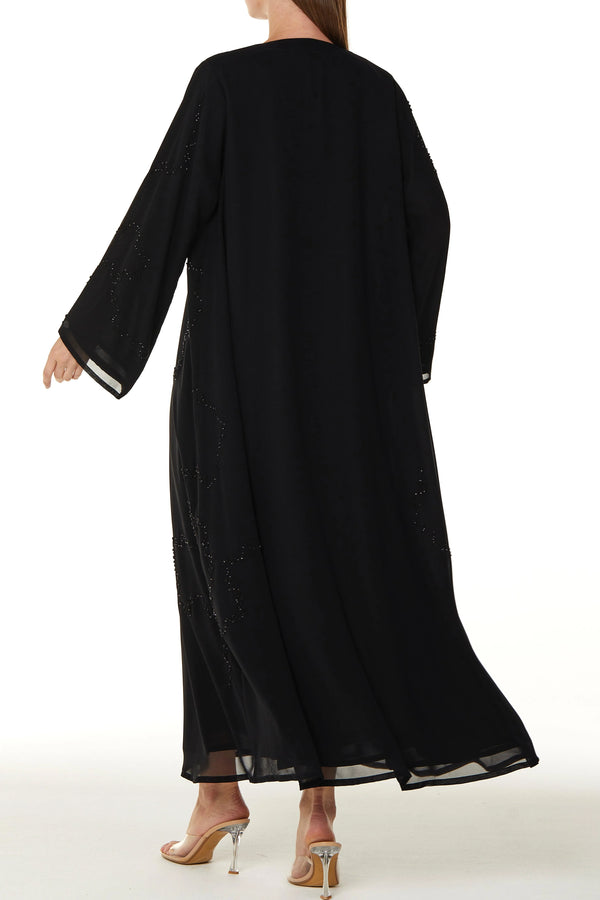 Black Malika Chiffon Custom Abaya with Front Beadwork Detail