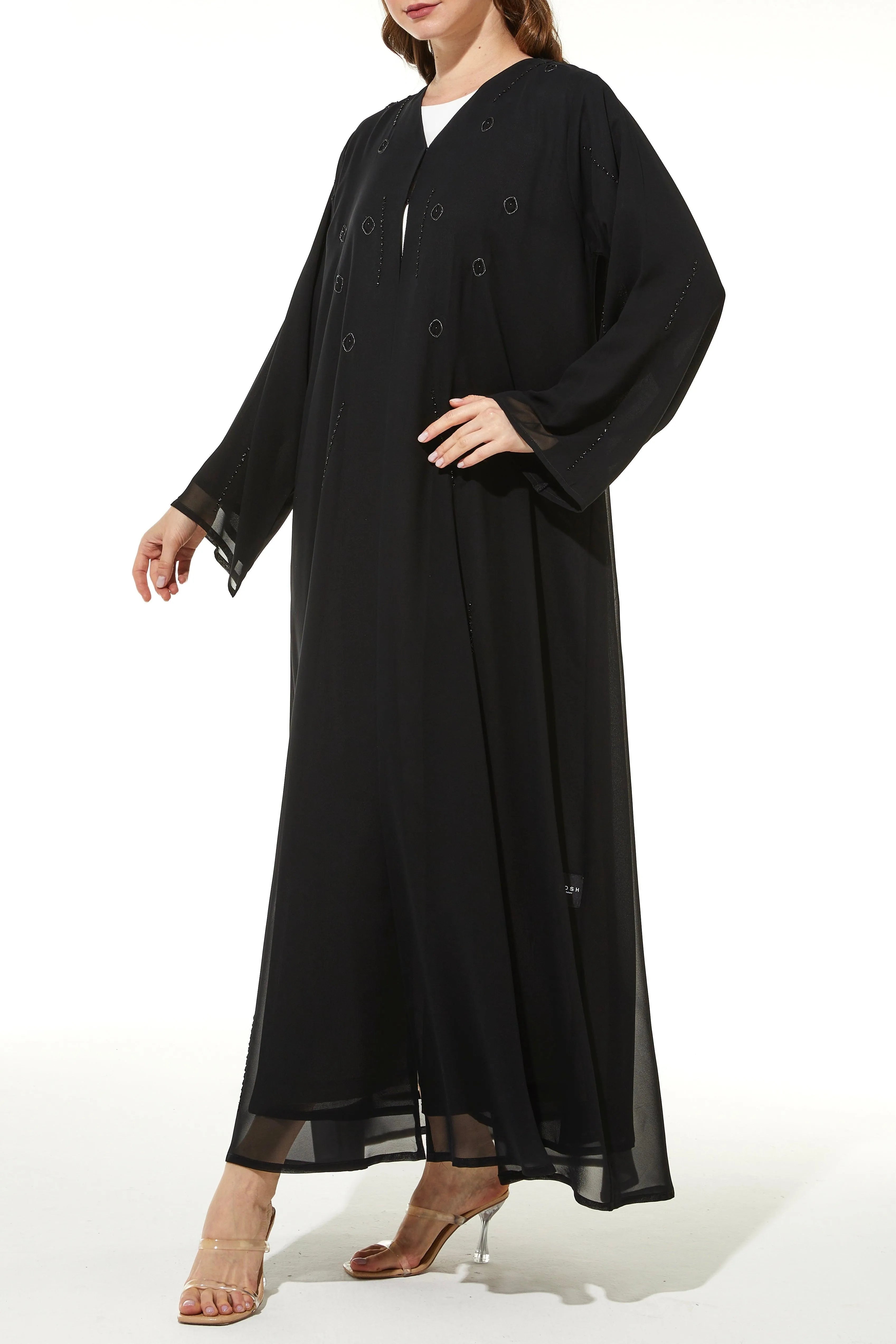 Black Lily Chiffon with Front Shiny Threadwork and Beadwork - Posh Abaya