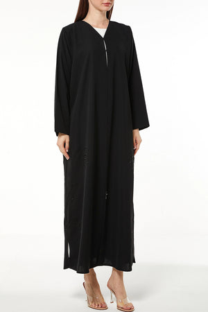 Black Tokyo Crepe Custom Abaya with Side Threadwork