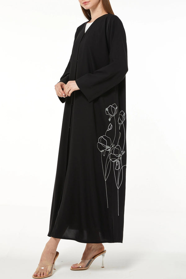 Black Aria Crepe Custom Abaya with Side Floral Embroidery