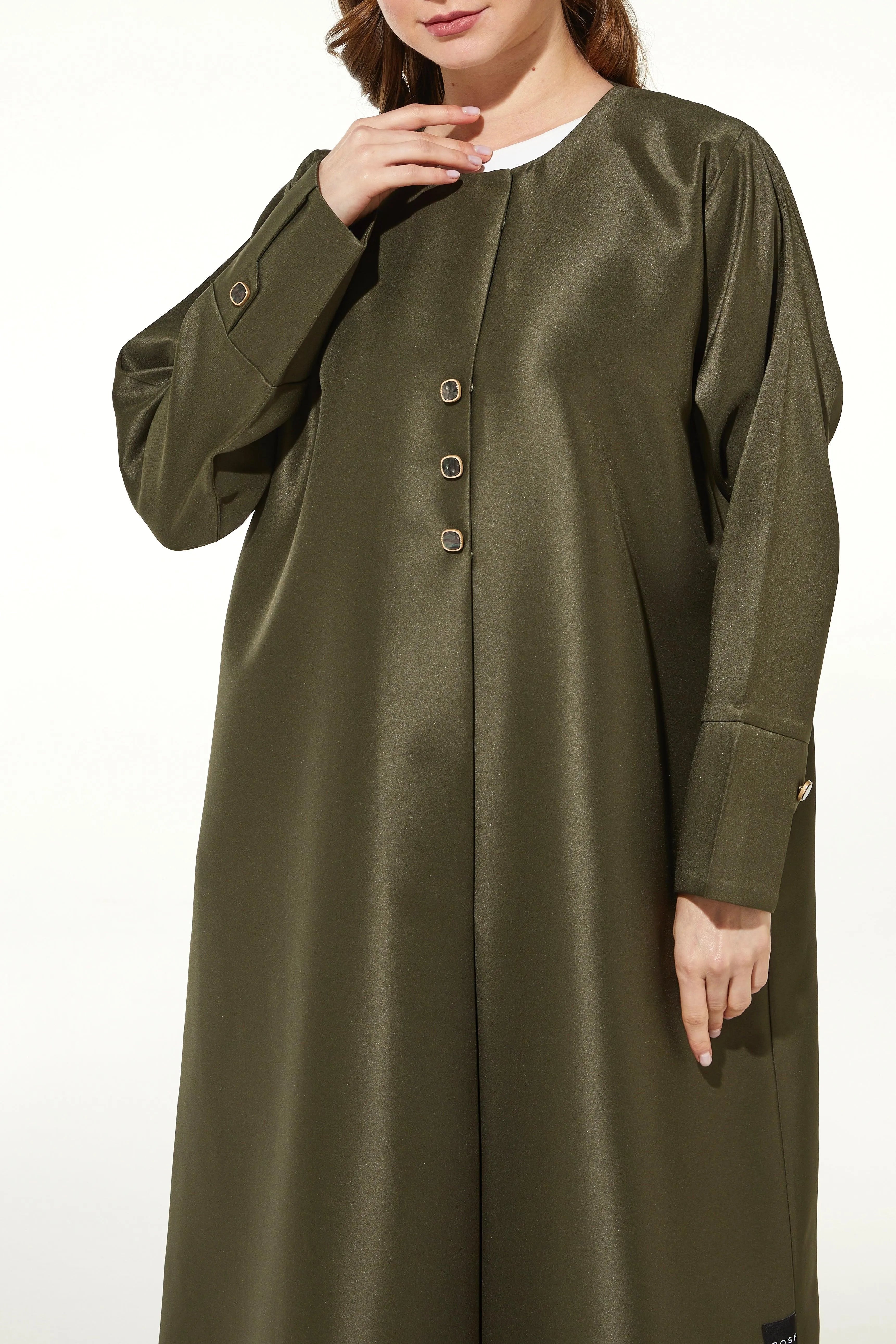 Green Oliva Satin Abaya with Overlap - Posh Abaya