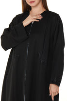 Black Emarati Crepe Abaya with Front Pleats and Threadwork - Posh Abaya
