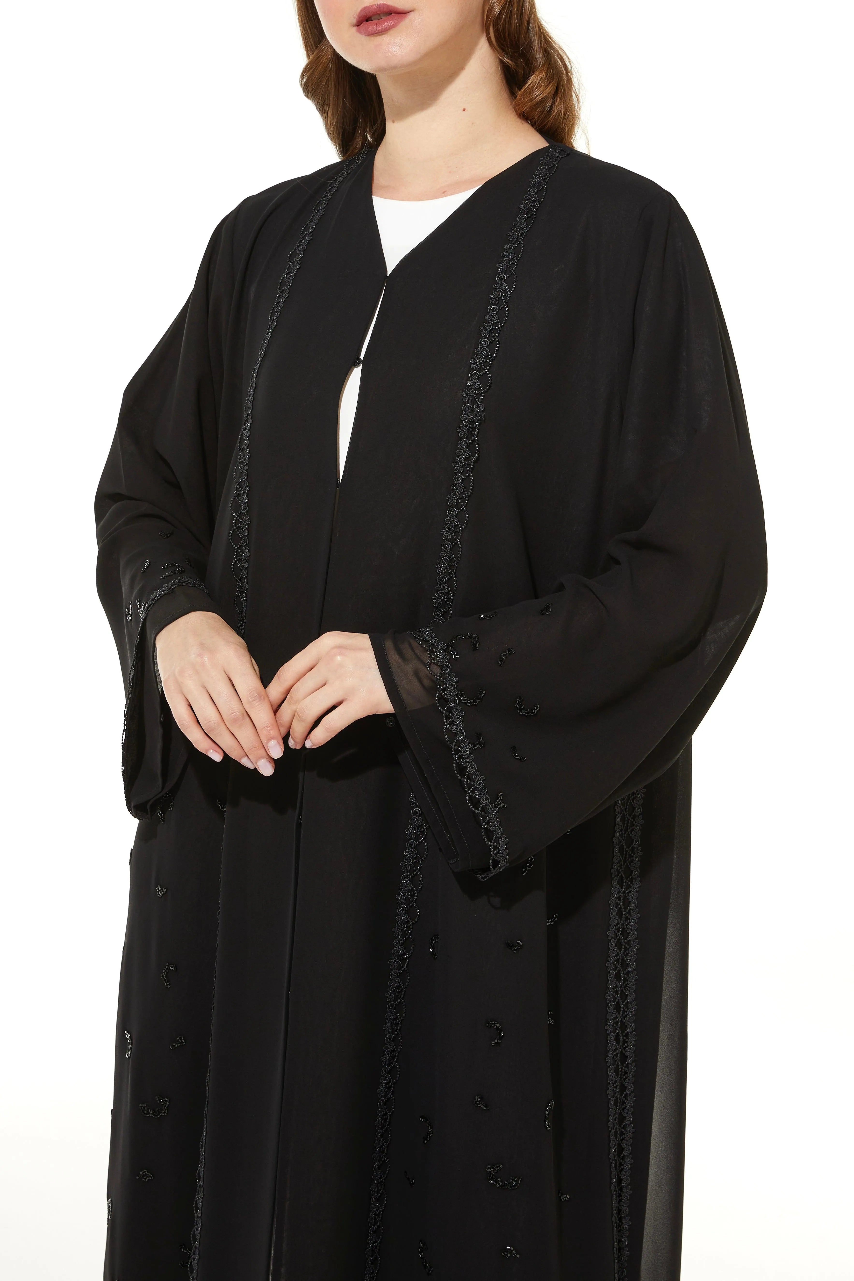 Black Lily Chiffon Abaya with Front Lace and Beadwork - Posh Abaya