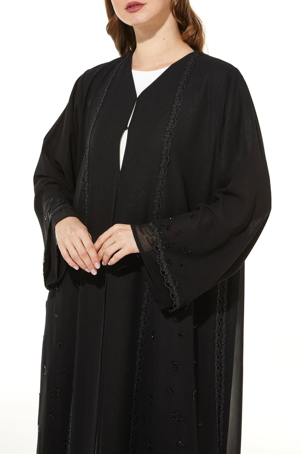 Black Lily Chiffon Custom Abaya with Front Lace and Beadwork