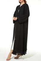 Black Lily Chiffon Abaya with Front Lace and Beadwork - Posh Abaya