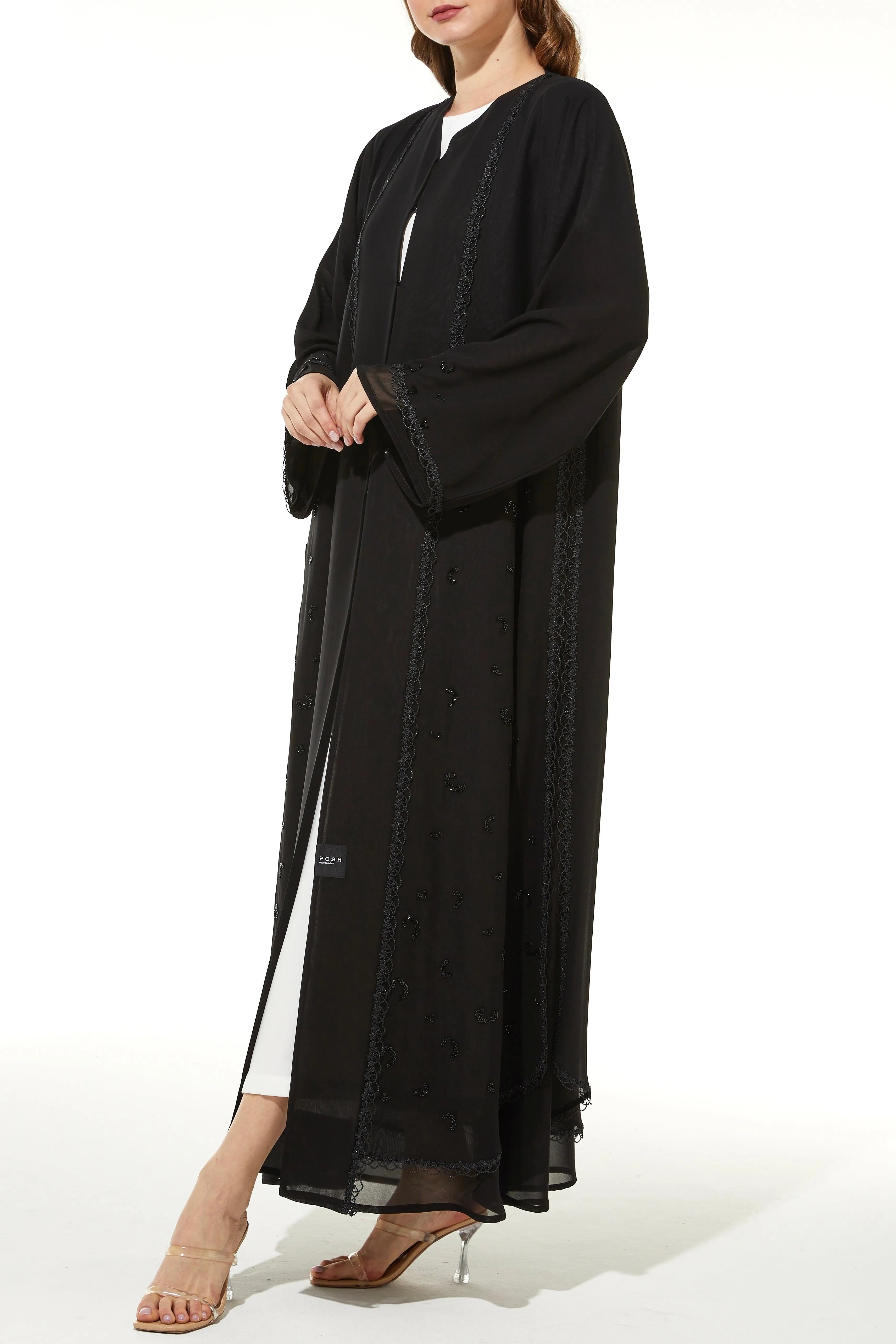 Black Lily Chiffon Abaya with Front Lace and Beadwork - Posh Abaya