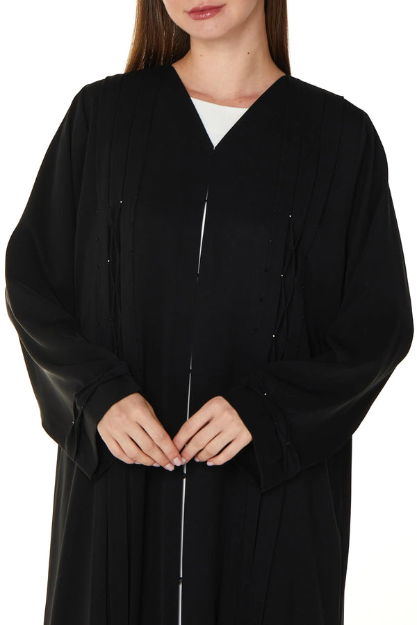 Black Classic Nada Custom Abaya with Beaded Crisscross Detail