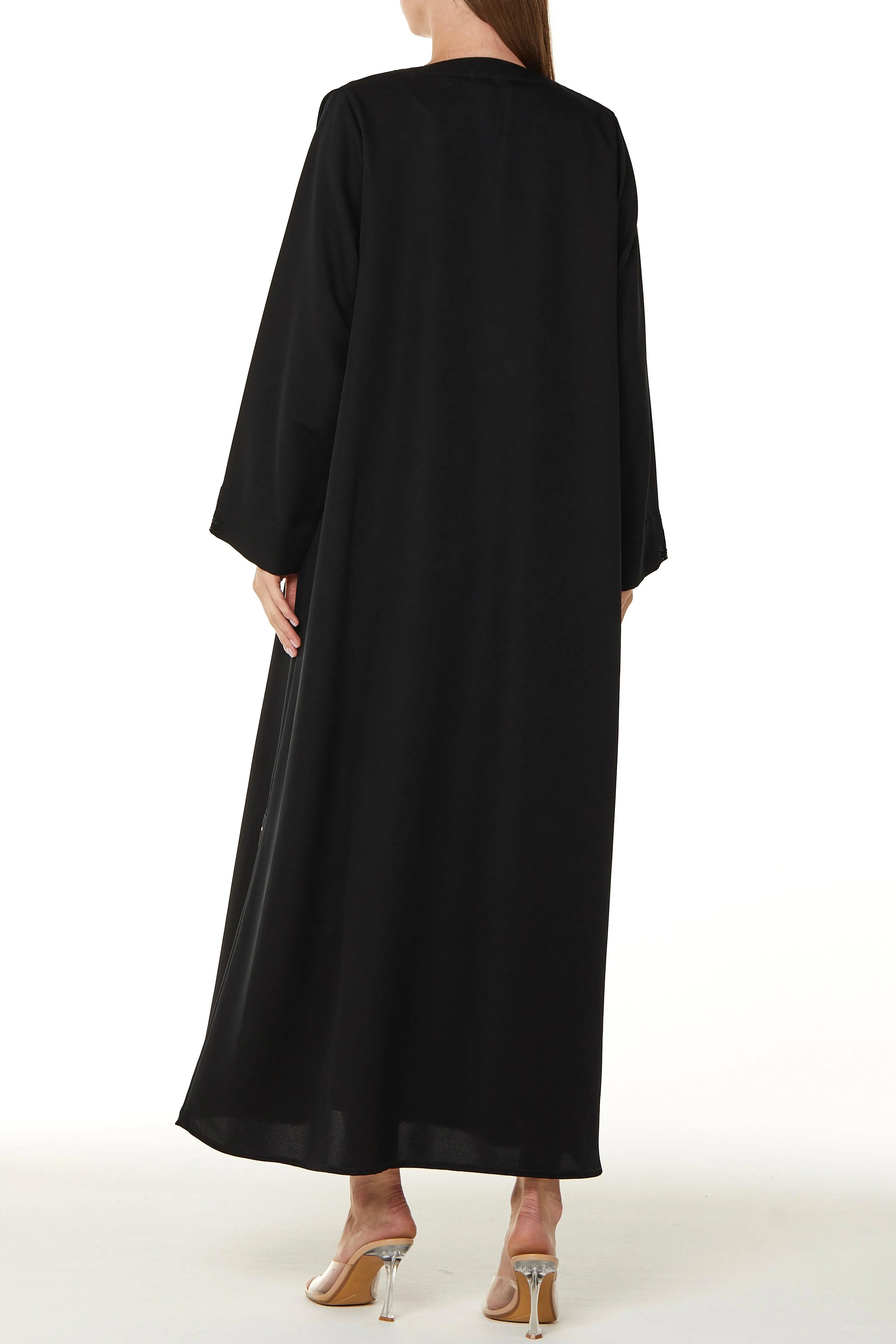 Black Emarati Crepe Abaya with Front Pleats and Threadwork - Posh Abaya