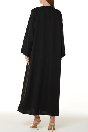 Black Emarati Crepe Custom Abaya with Front Pleats and Threadwork
