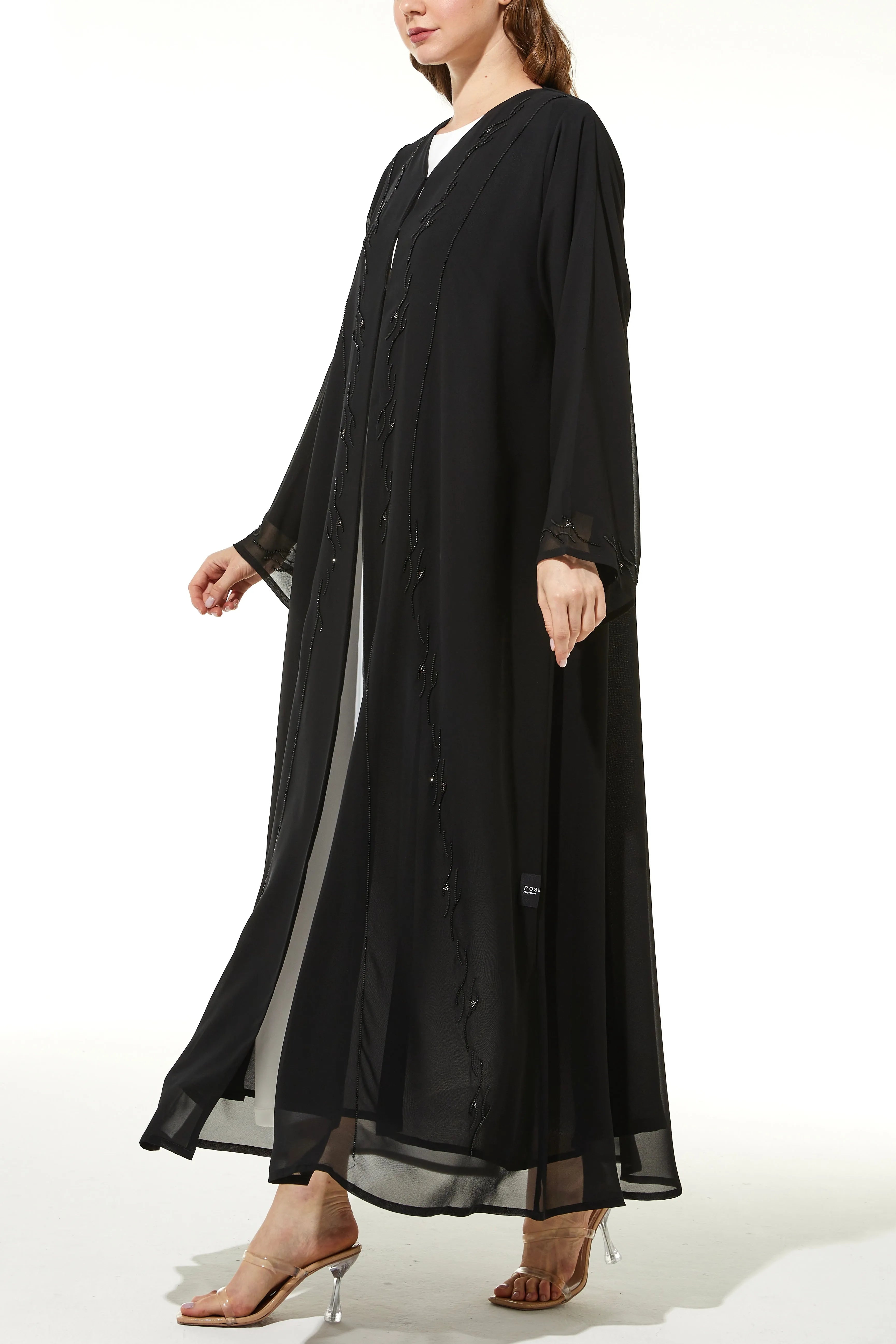 Chiffon Flare with Copper Bead Black Abaya - Posh Abaya