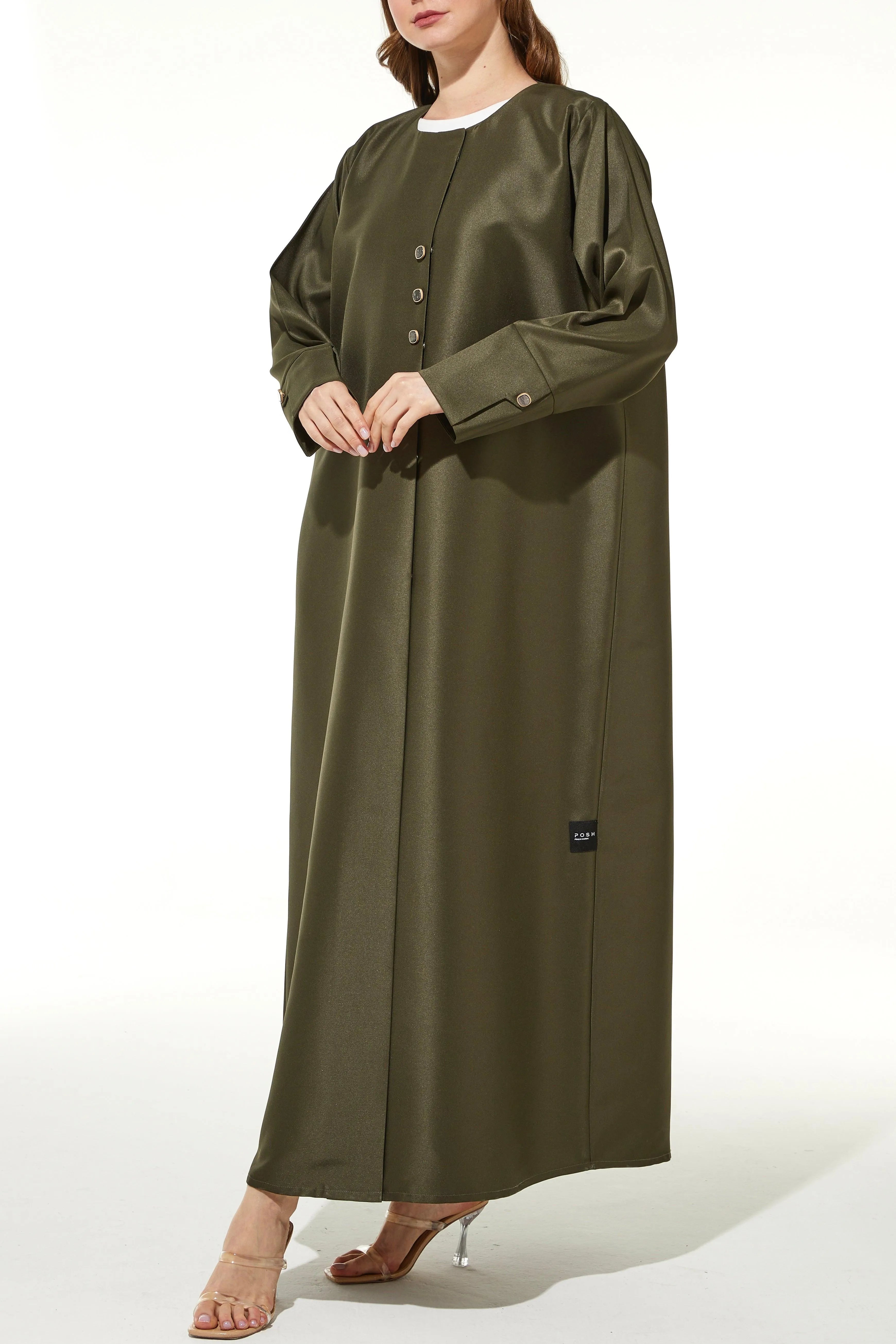 Green Oliva Satin Abaya with Overlap - Posh Abaya