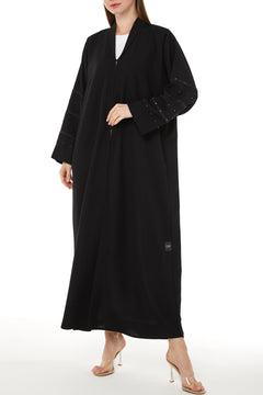 Black Tokyo Crepe Custom Abaya with Collar and Beadwork on Sleeves