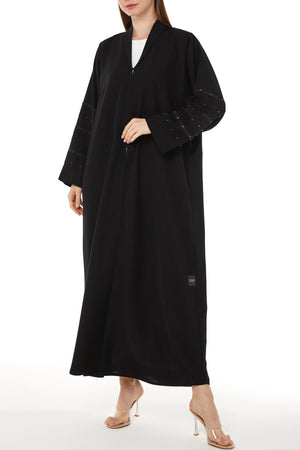 Black Tokyo Crepe Custom Abaya with Collar and Beadwork on Sleeves