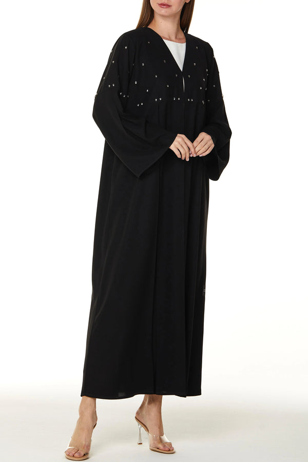 Black Aria Crepe Custom Abaya with Front Pleats with Beaded Front Panel and Flared Sleeves