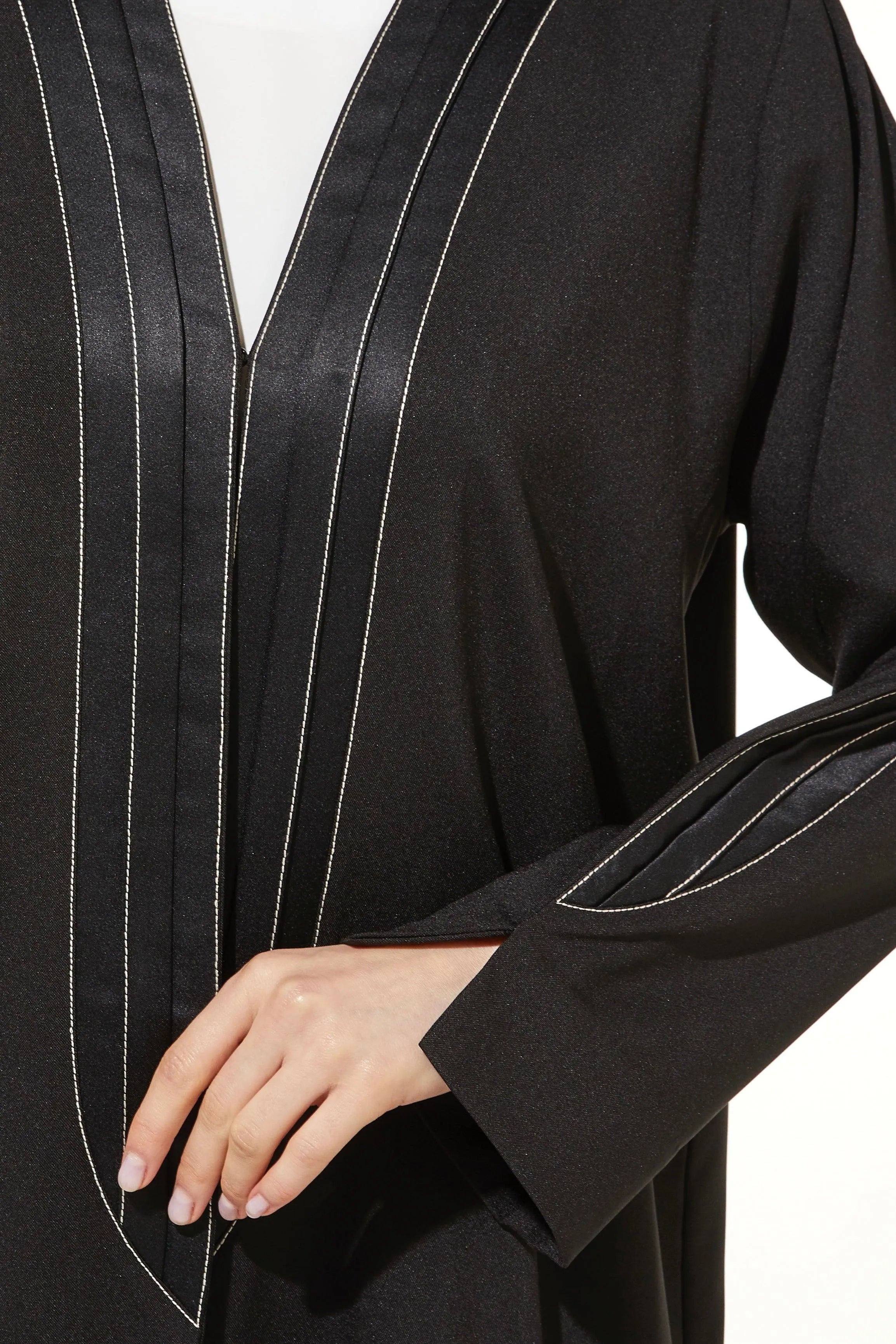 Crepe & Satin Bisht Black Abaya - Posh Abaya