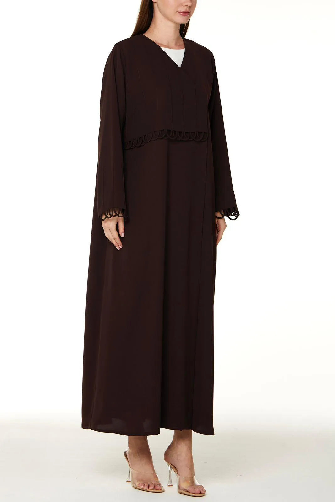 Brown Lavender Crepe Abaya with Front Overlap Loop Details - Posh Abaya