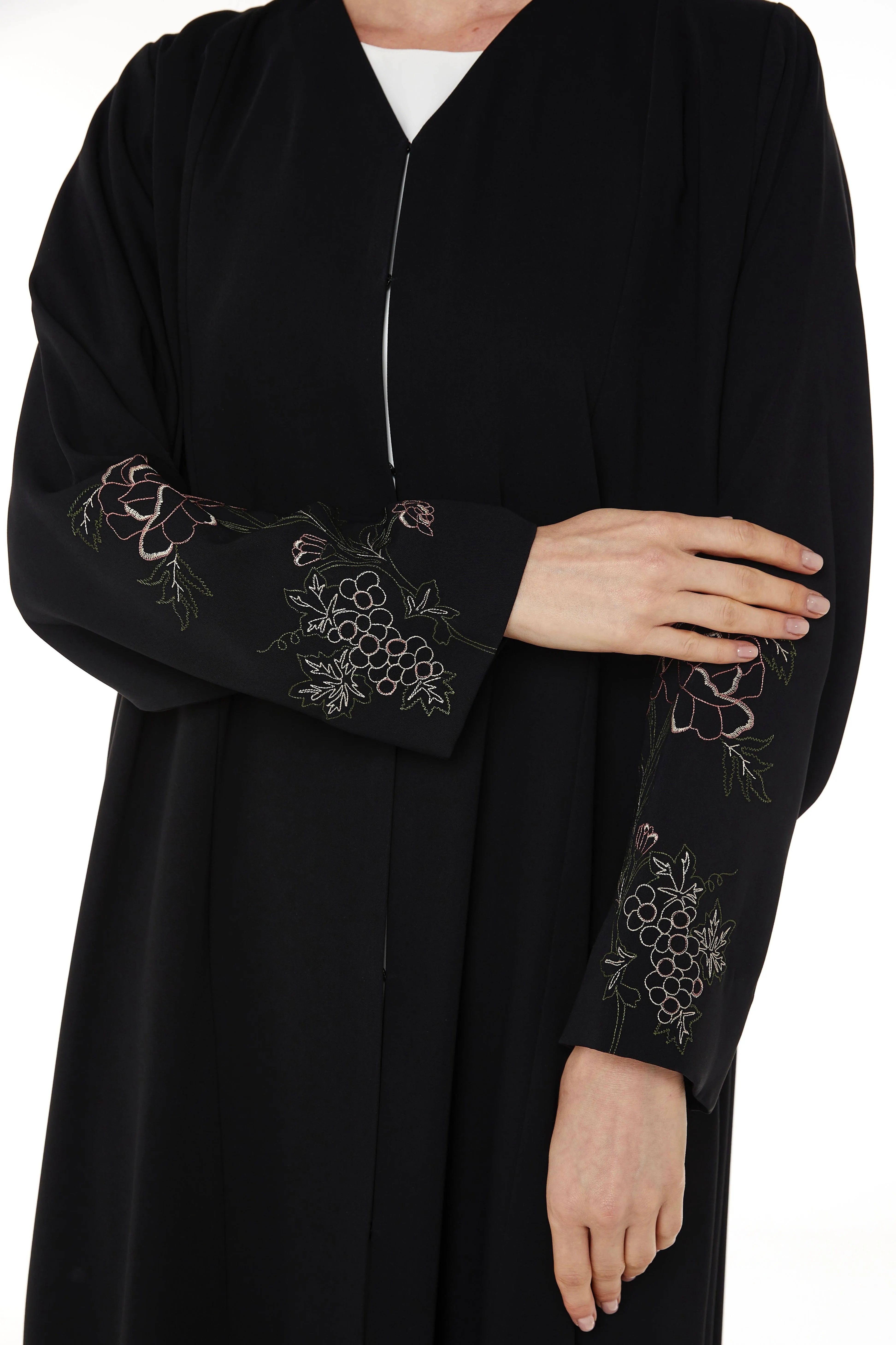 Black Layan Crepe Abaya with Floral Embroidered Sleeves - Posh Abaya