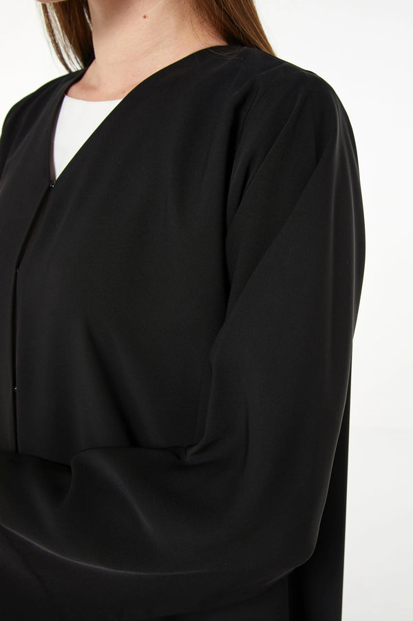 Black Aria Crepe Custom Abaya with Side Floral Embroidery