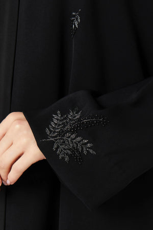 Black Farasha Crepe Custom Abaya with Front Floral Scatter Embroidery