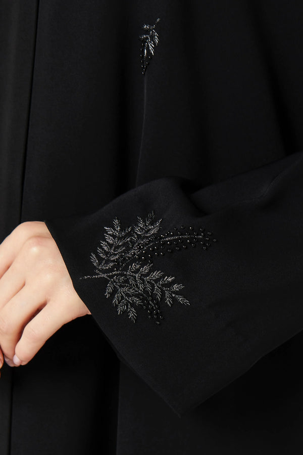 Black Farasha Crepe Custom Abaya with Front Floral Scatter Embroidery