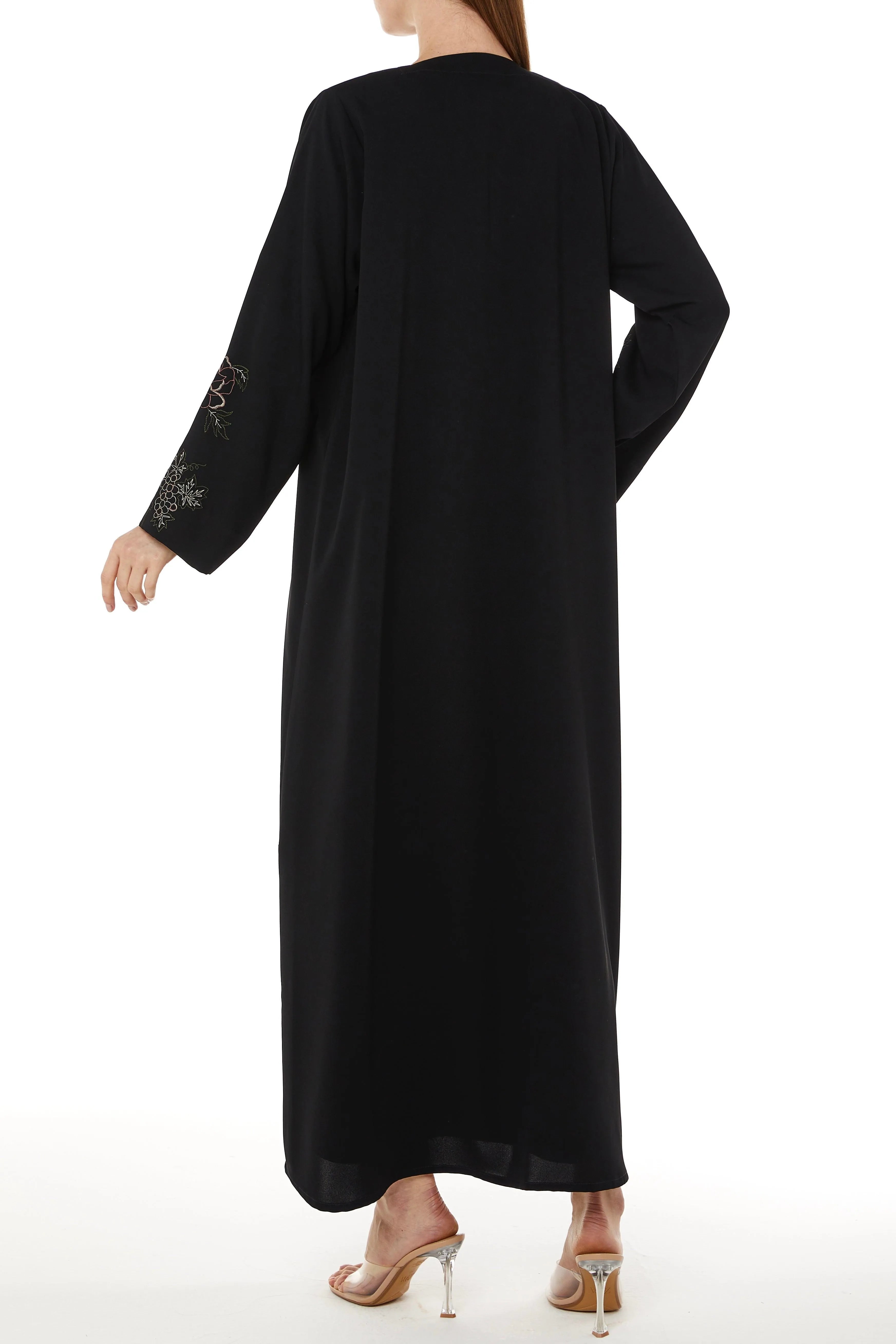 Black Layan Crepe Abaya with Floral Embroidered Sleeves - Posh Abaya