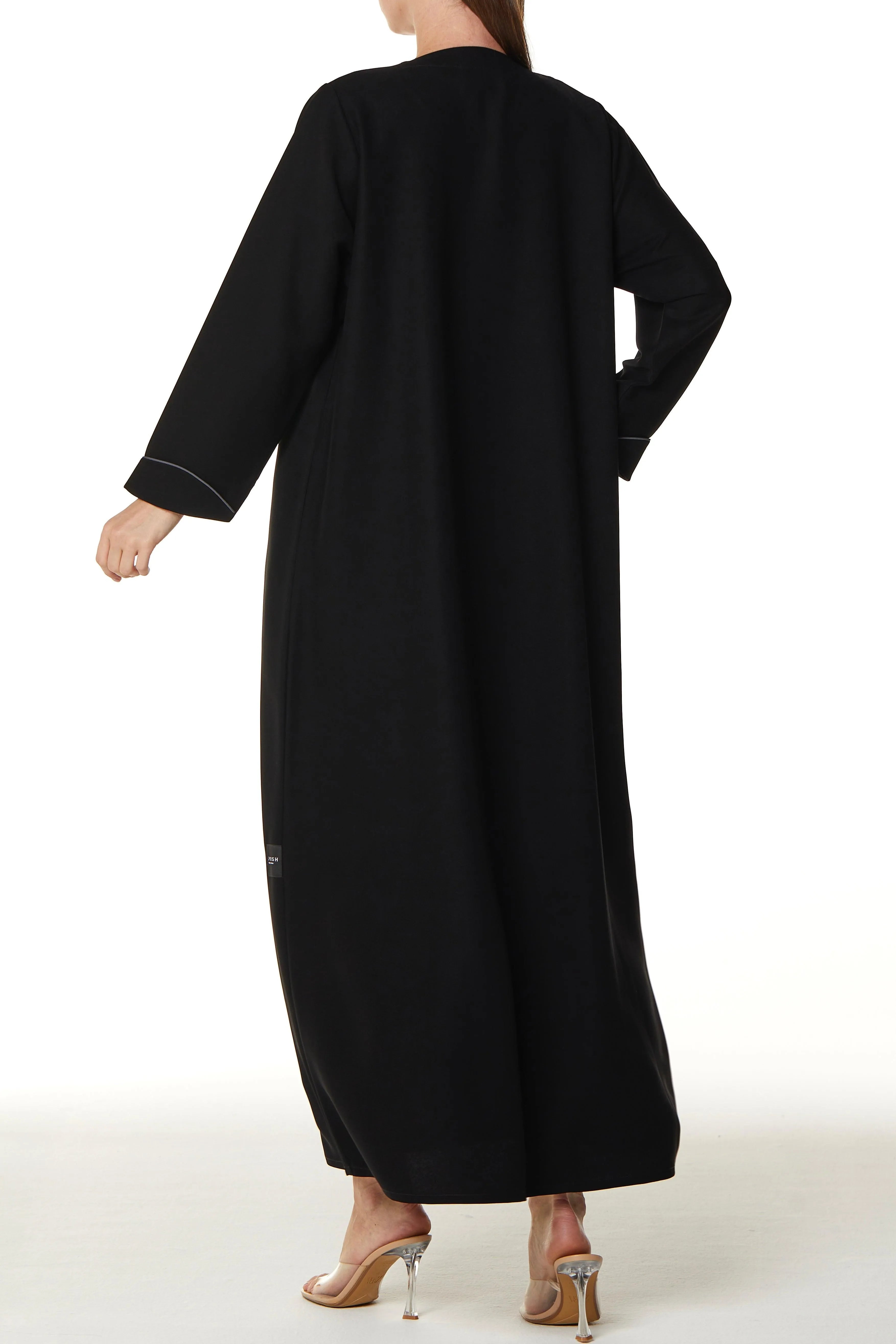 Black Melanie Crepe Abaya with Front Overlap and Edge Piping - Posh Abaya