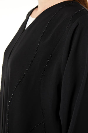 Black Tokyo Crepe Custom Abaya with Front Threadwork and Beads