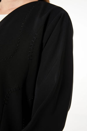 Black Tokyo Crepe Custom Abaya with Front Threadwork