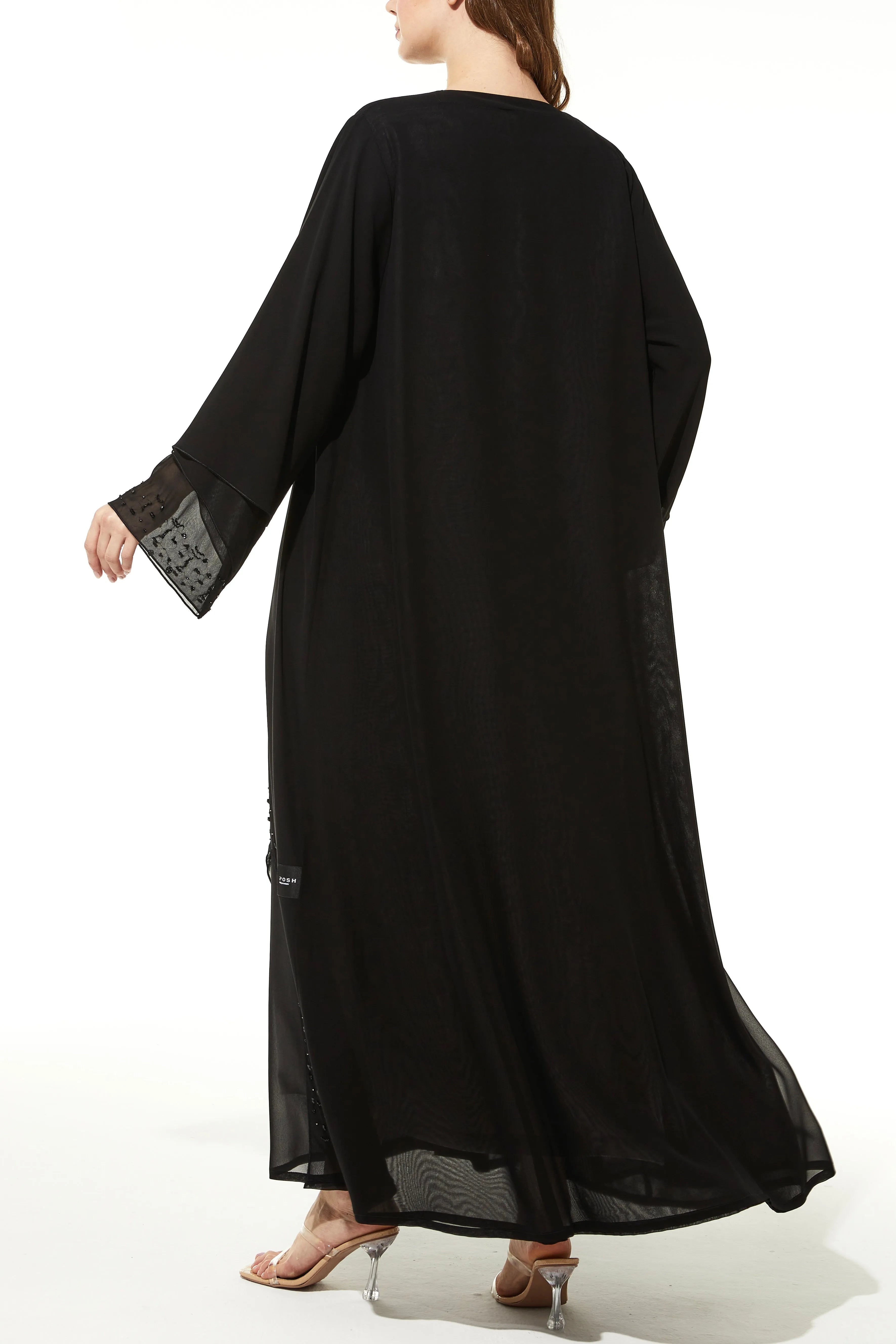 Silver touch Bead on Chiffon Flare Black Abaya - Posh Abaya