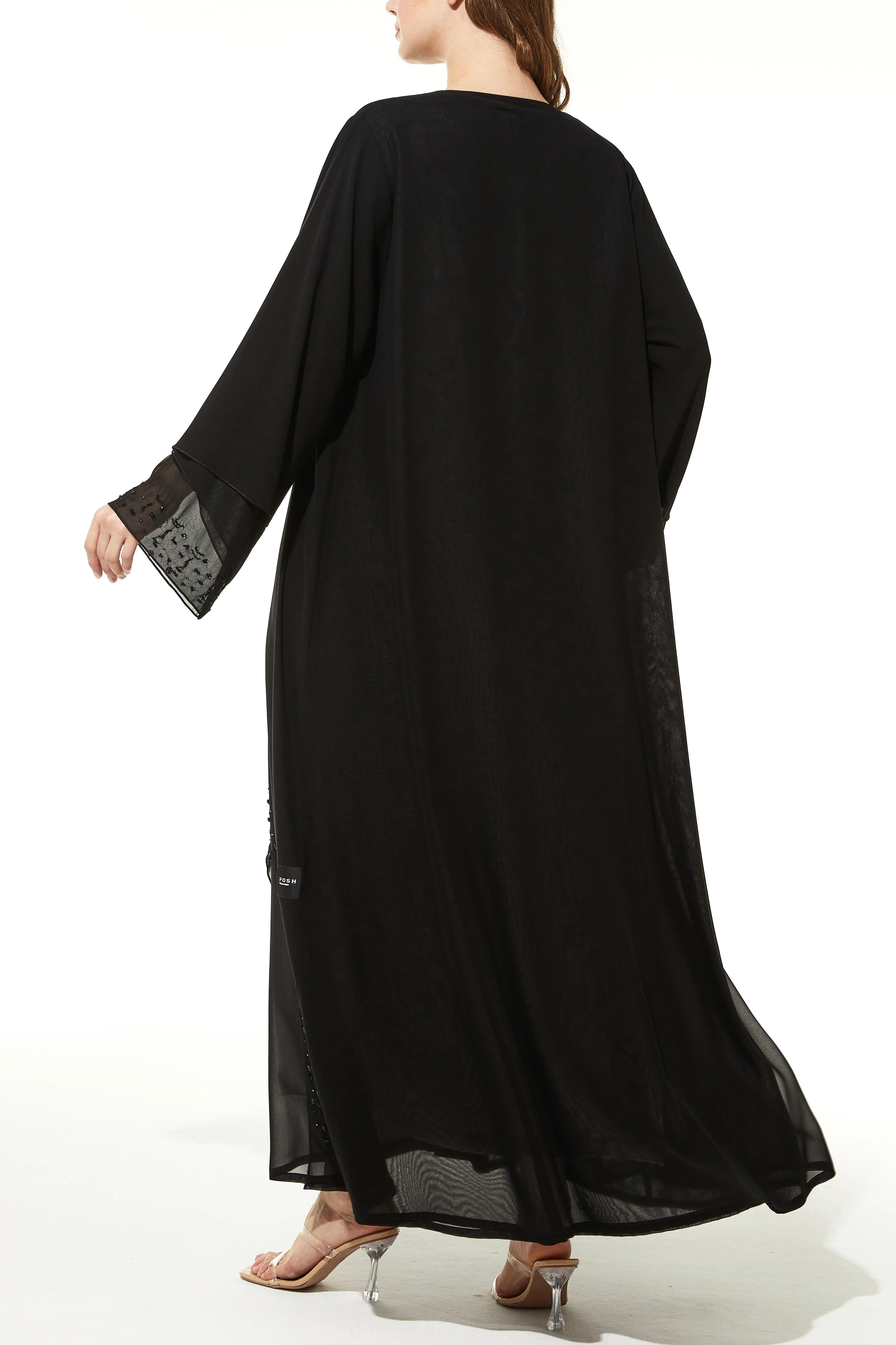 Black Layered Chiffon Flared Custom Abaya with Black & Silver Beadwork - Posh Abaya