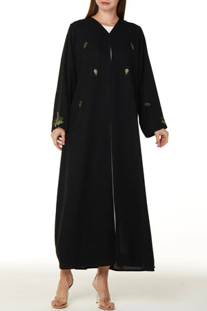 Black Farasha Crepe Custom Abaya with Front Vibrant Floral Scatter Embroidery