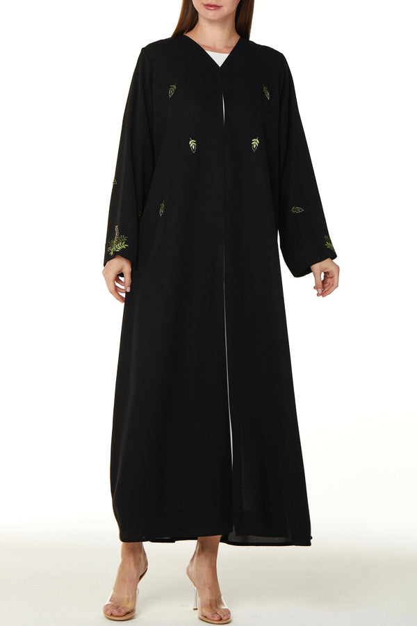 Black Farasha Crepe Custom Abaya with Front Vibrant Floral Scatter Embroidery