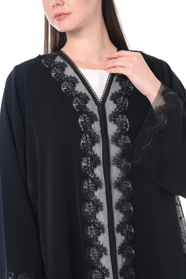 Black Royal Nada Abaya with Side French Tulle and Front Beadwork Detail - Posh Abaya