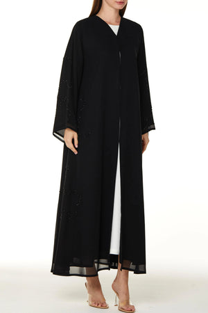 Black Malika Chiffon Custom Abaya with Front Beadwork Detail
