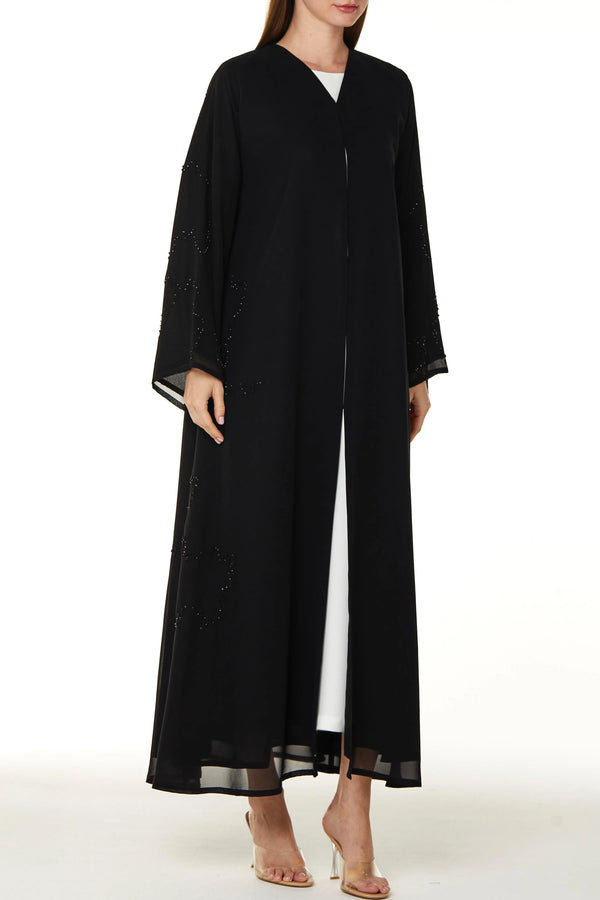 Black Malika Chiffon Custom Abaya with Front Beadwork Detail