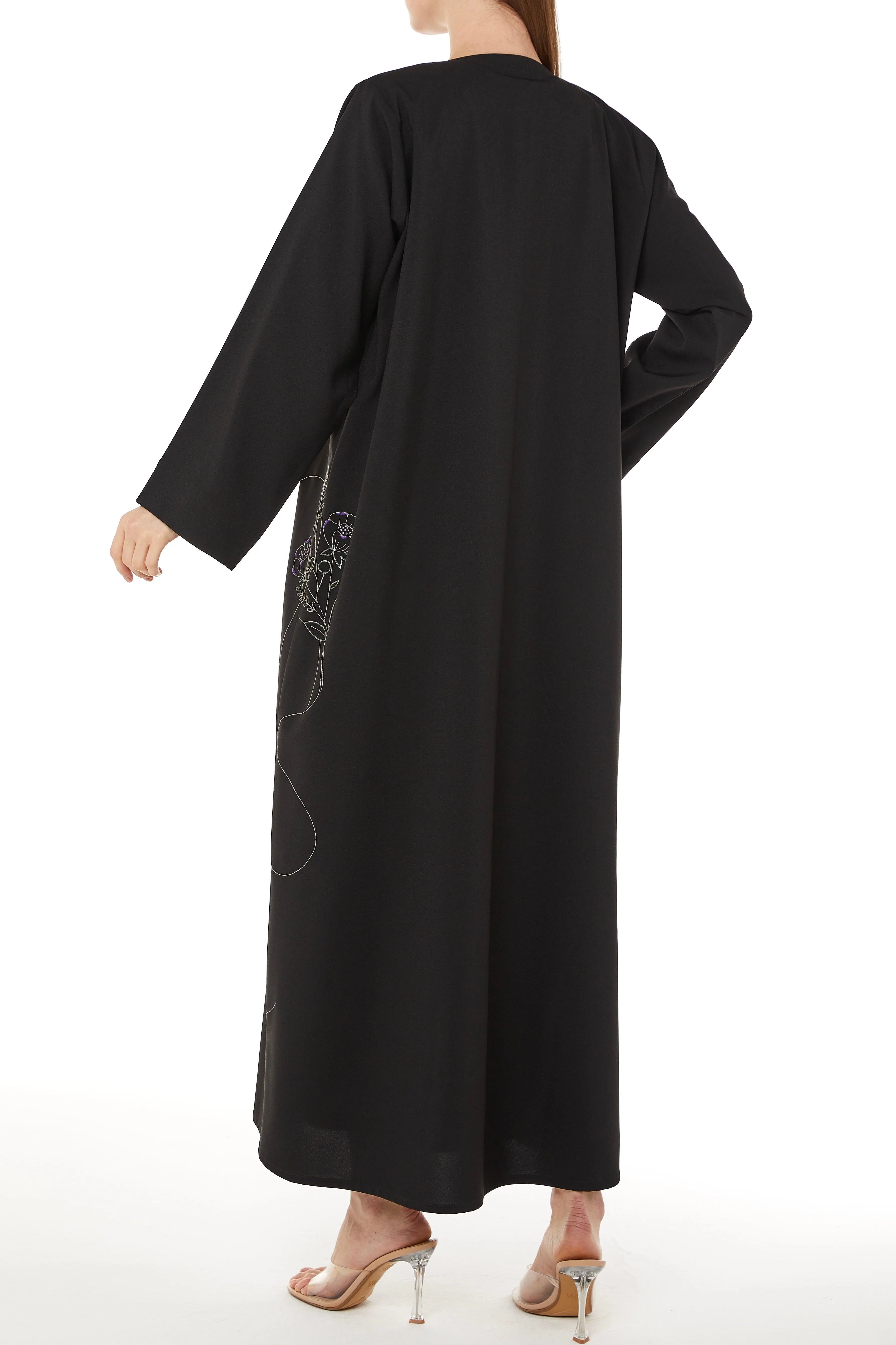 Black Kadi Crepe Abaya with Side Floral Embroidery - Posh Abaya