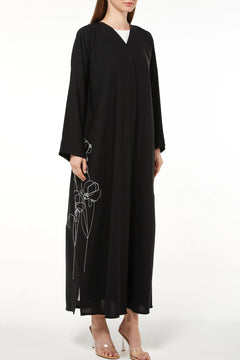 Black Aria Crepe Custom Abaya with Side Floral Embroidery
