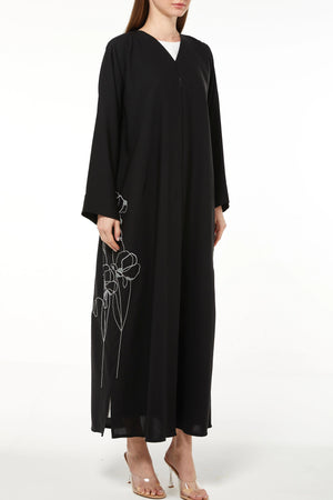 Black Aria Crepe Custom Abaya with Side Floral Embroidery