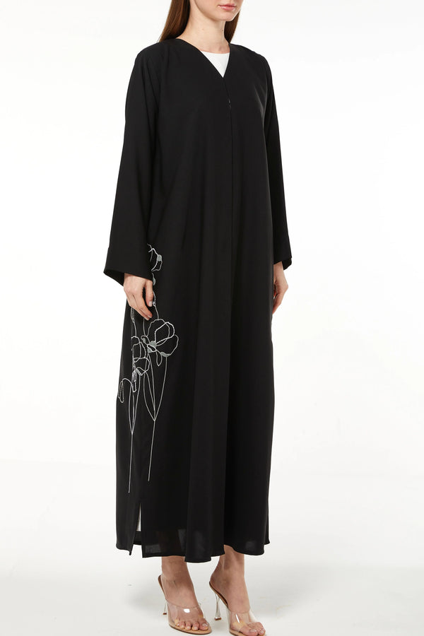 Black Aria Crepe Custom Abaya with Side Floral Embroidery