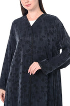 Black Furla Cupro Abaya with Front Overlap and Lace Detail - Posh Abaya