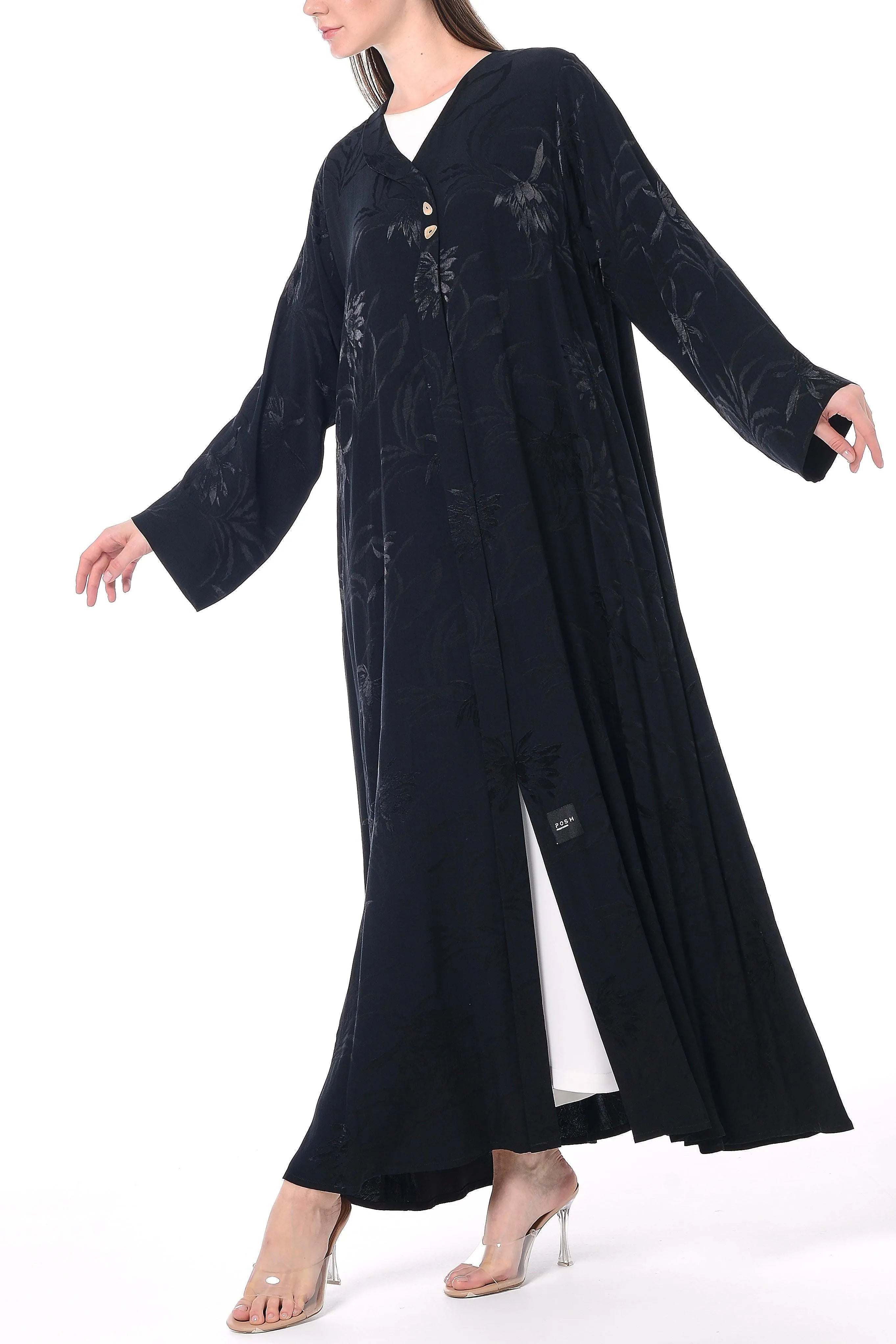 Black Flora Cupro Abaya with Front Overlap Detail - Posh Abaya