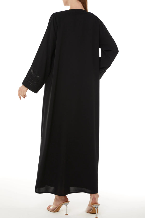 Black Farasha Crepe Abaya with Embroidered Front Overlap - Posh Abaya