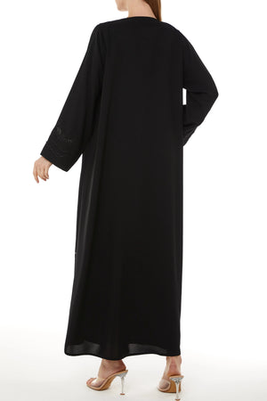 Black Farasha Crepe Custom Abaya with Embroidered Front Overlap