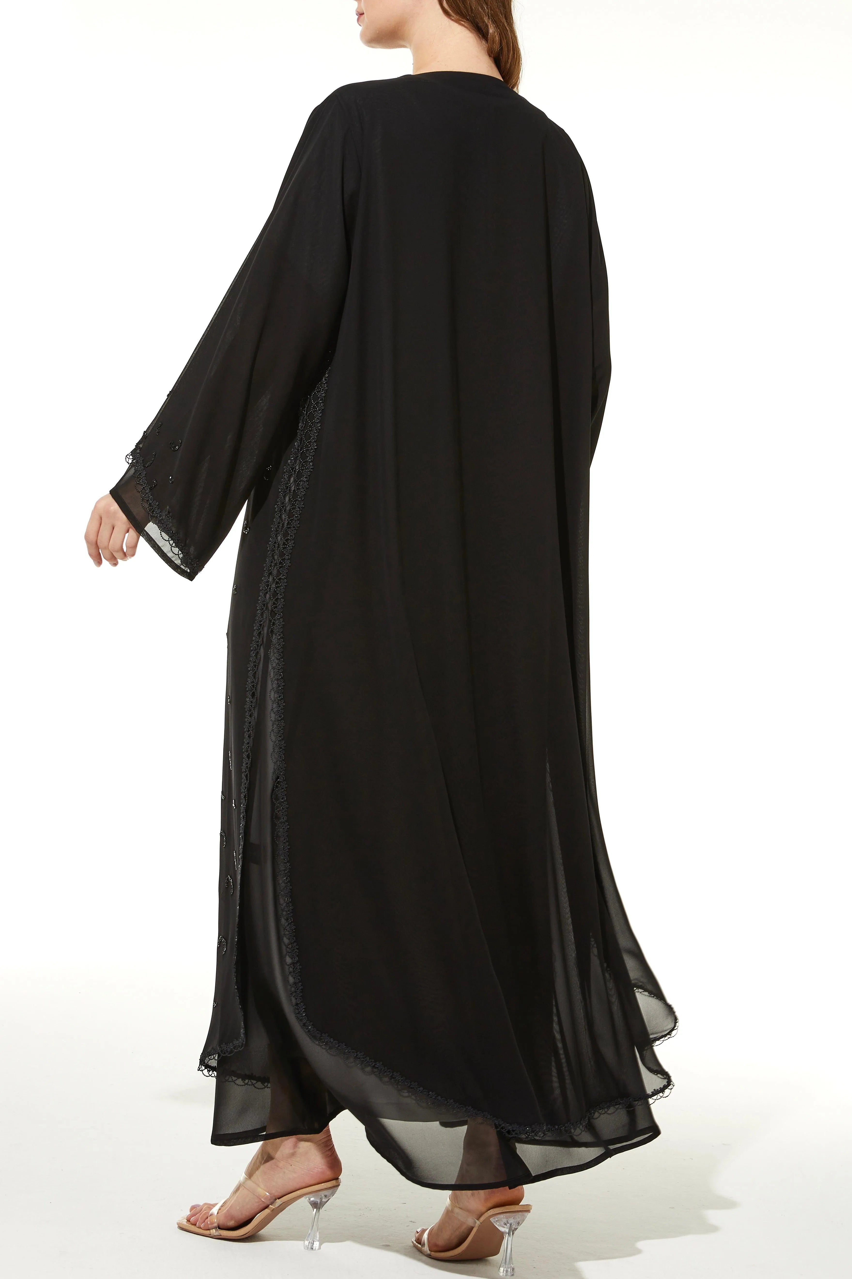 Black Lily Chiffon Abaya with Front Lace and Beadwork - Posh Abaya