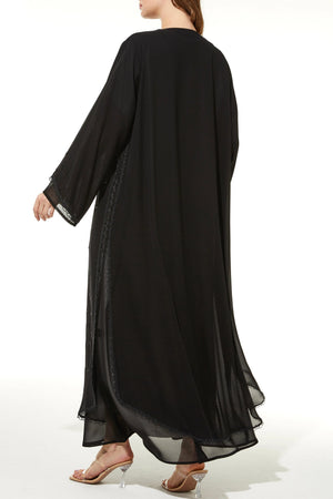 Black Lily Chiffon Custom Abaya with Front Lace and Beadwork
