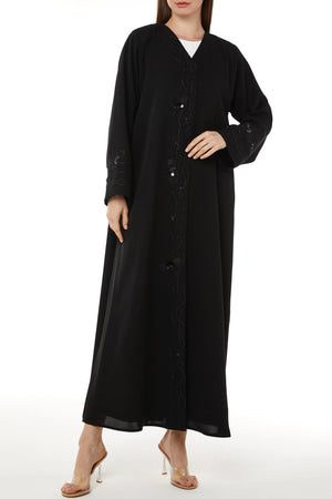 Black Farasha Crepe Custom Abaya with Embroidered Front Overlap
