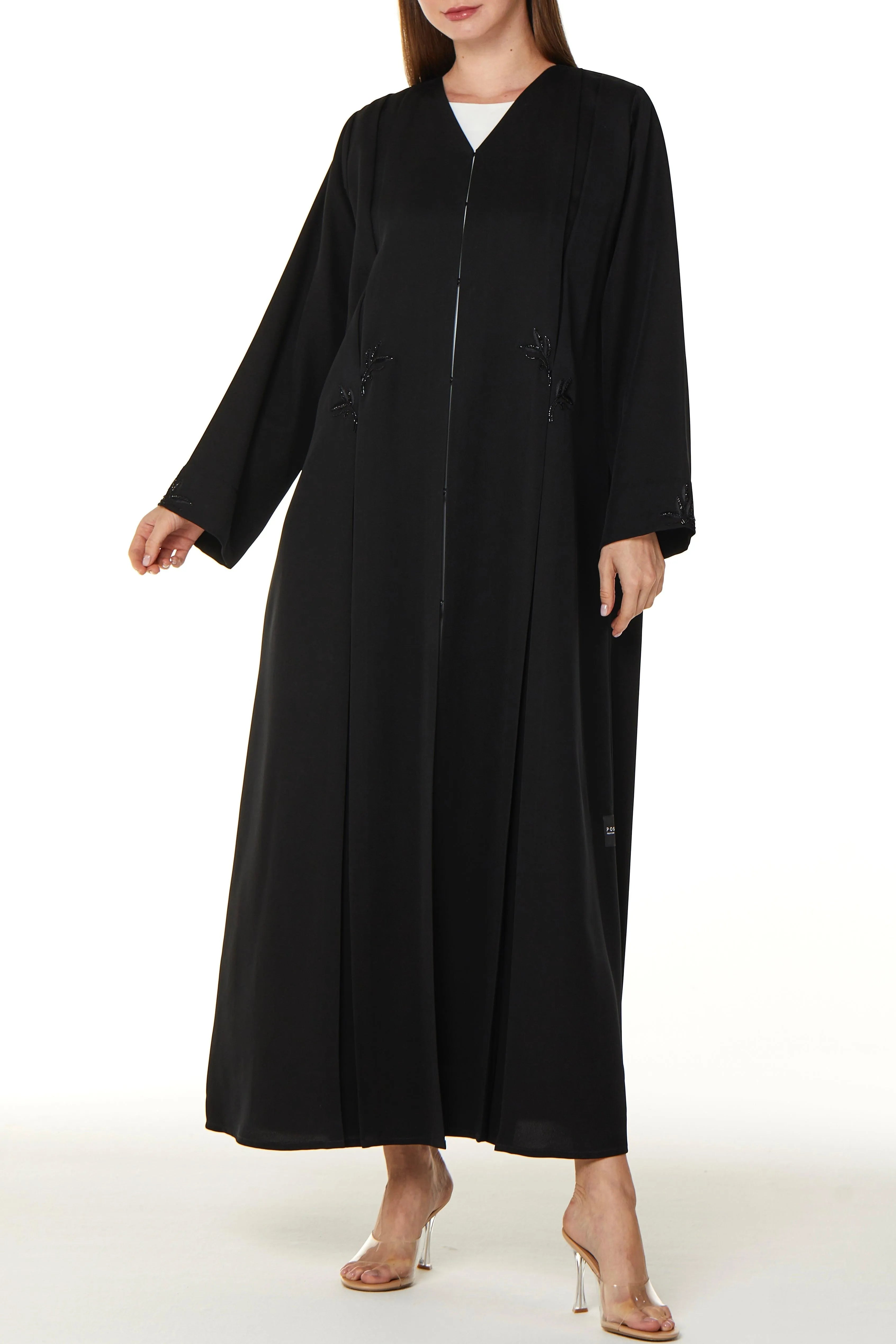 Black Emarati Crepe Abaya with Front Pleats and Threadwork - Posh Abaya