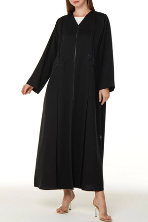 Black Emarati Crepe Custom Abaya with Front Pleats and Threadwork