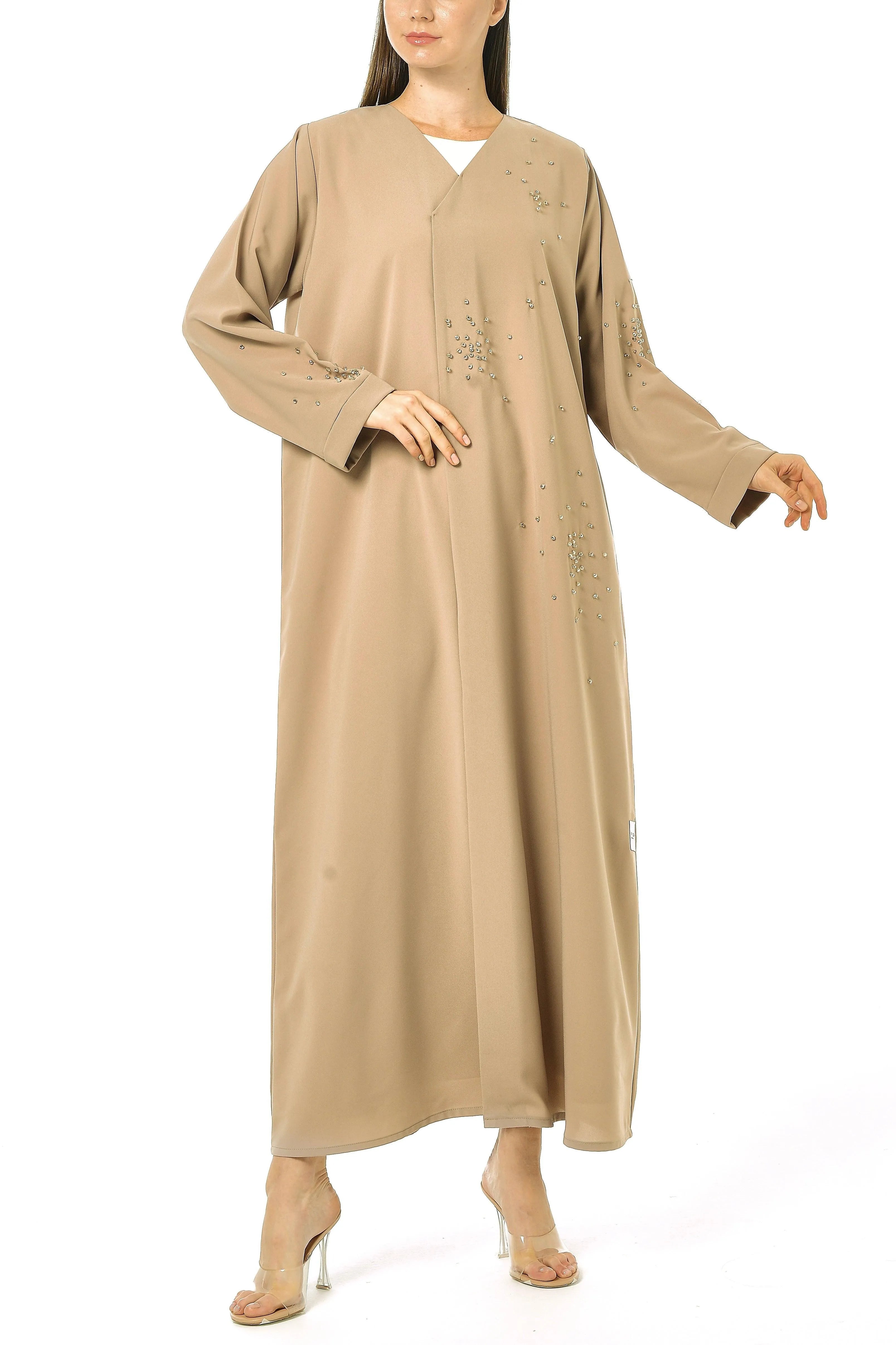 Beige Nova Crepe Abaya with Crystal Beadwork Detail - Posh Abaya