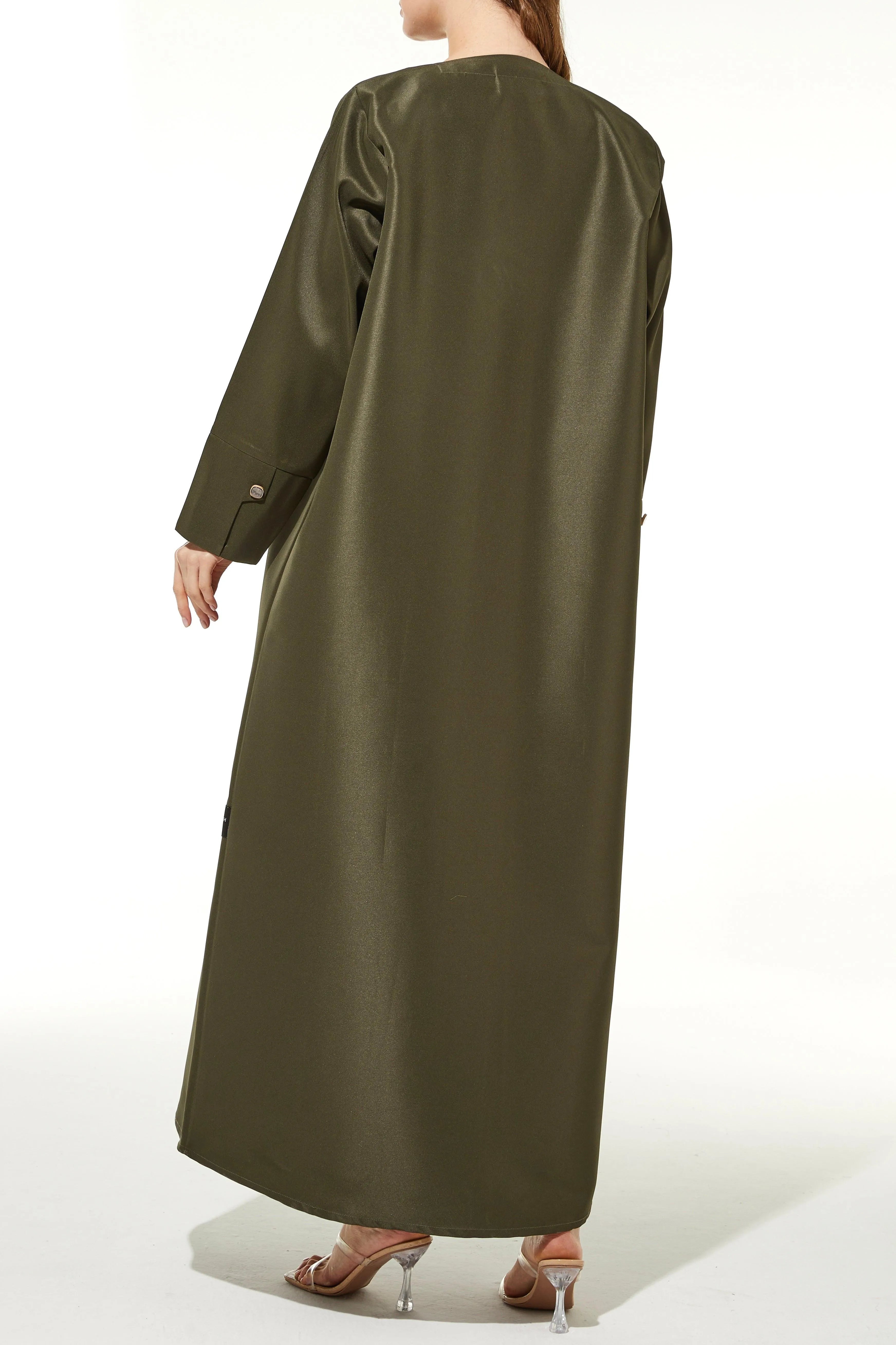 Green Oliva Satin Abaya with Overlap - Posh Abaya